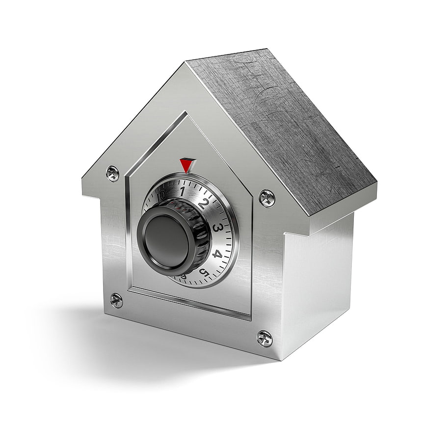 Metal House Safe with Combination Lock on White Background