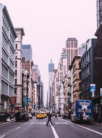 Wide City Street View with Skyscrapers and Traffic