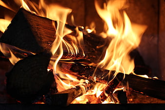 Close-up of burning logs in a fireplace with bright flames