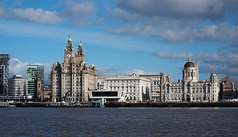 Liverpool waterfront skyline featuring the Royal Liver Building and historic architecture