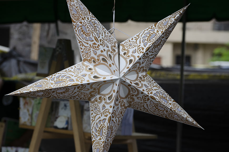 Decorative white and gold patterned paper star hanging ornament