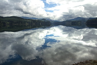 Serene Lake Reflection with Cloudy Sky and Forested Hills