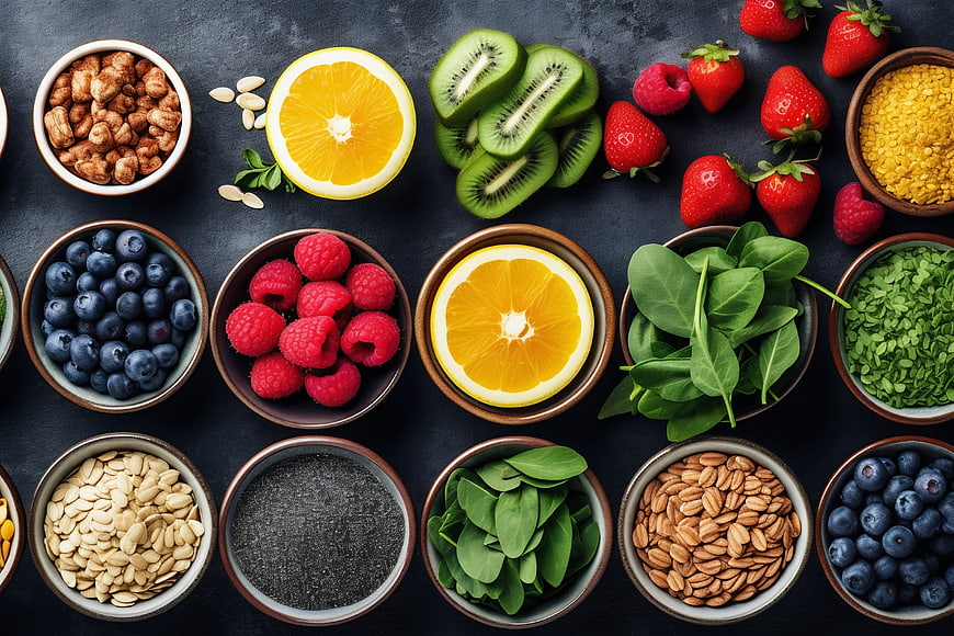 Top View of Healthy Superfoods, Berries, and Seeds in Bowls