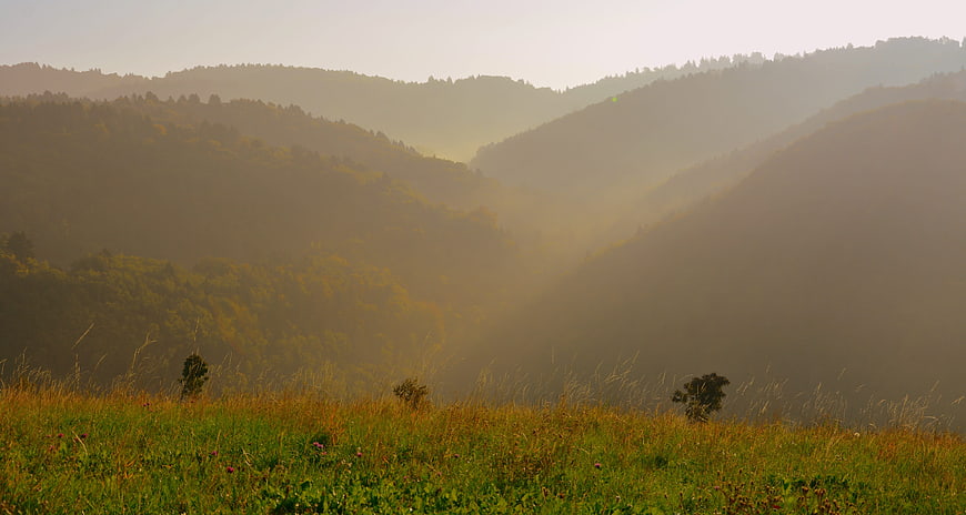 Misty mountain landscape with sun rays and green meadow