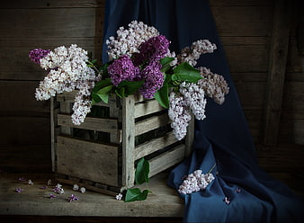 Rustic wooden crate with purple and white lilac flowers