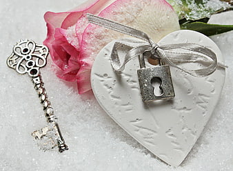 Vintage key and padlock on heart with pink rose in snow