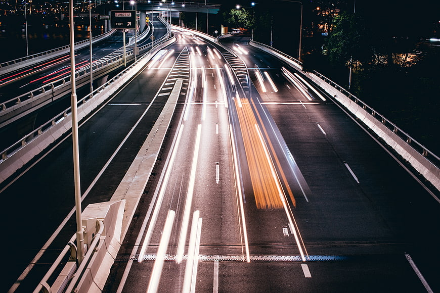 Long Exposure Night Highway Traffic Light Trails