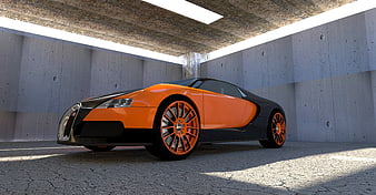Orange and Black Bugatti Veyron in Concrete Garage