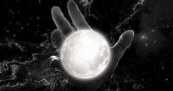 Hand Holding Glowing Moon in Starry Space Background