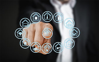 Businessman touching smart home interface icons on glass screen