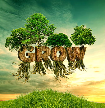 Conceptual 3D word GROW made of tree trunks, roots, and green foliage