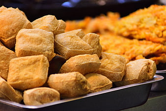 Golden Fried Tofu Cubes In Metal Tray