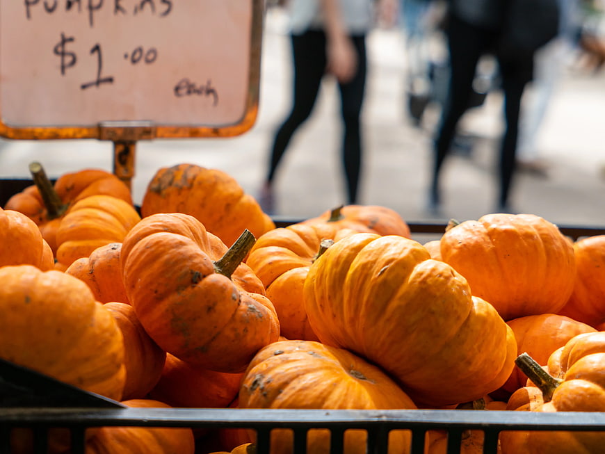 Fresh Orange Pumpkins at Farmers Market with Price Sign