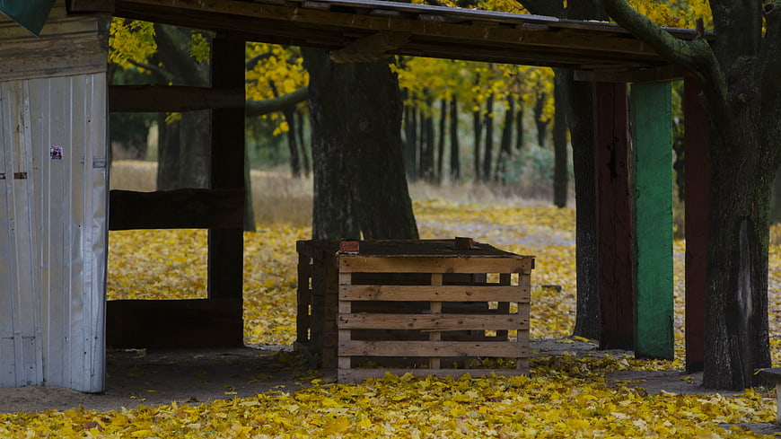 Wooden crates under rustic shelter in autumn forest