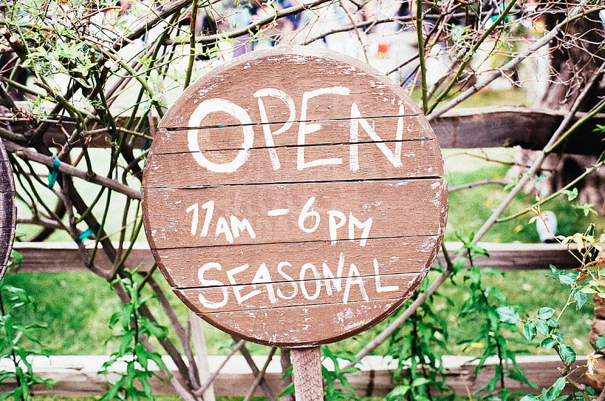 Rustic Wooden Open Sign with Seasonal Hours