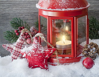 Red Christmas Lantern with Candle and Snowy Decorations