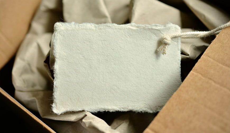 Blank Gift Tag in Cardboard Box with Tissue Paper