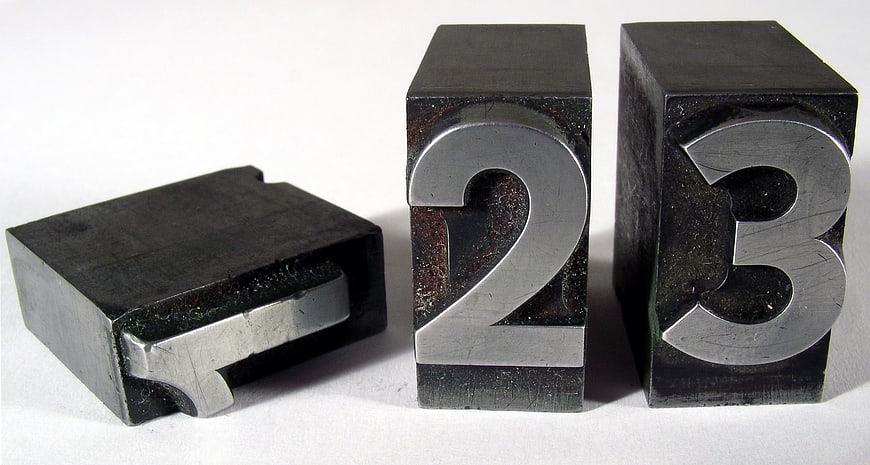 Vintage metal lead type blocks with numbers 1, 2, and 3