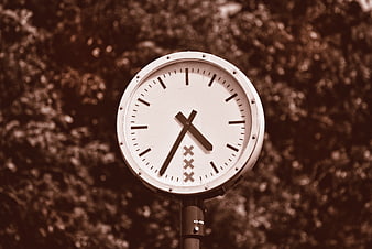 Sepia-toned outdoor clock face against blurred trees