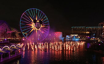 Nighttime Disneyland California Adventure with Mickey Mouse Ferris Wheel and Fountain Show