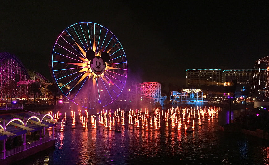 Nighttime Disneyland California Adventure with Mickey Mouse Ferris Wheel and Fountain Show
