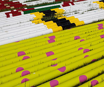 Colorful horse jump poles arranged on grass