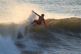 Surfer Riding Wave At Sunset