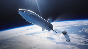 Futuristic Spaceship Orbiting Earth in Outer Space