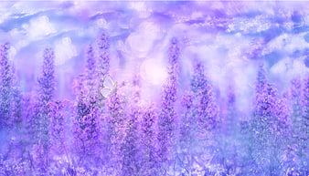 Dreamy purple lavender field with butterfly and bokeh