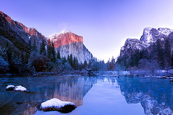 Winter Sunrise at Yosemite Valley with Snow-Capped Granite Cliffs