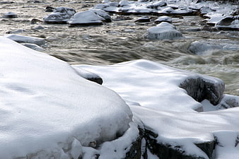 Snow-covered rocks along a flowing winter river stream