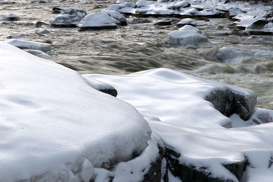 Snow-covered rocks along a flowing winter river stream