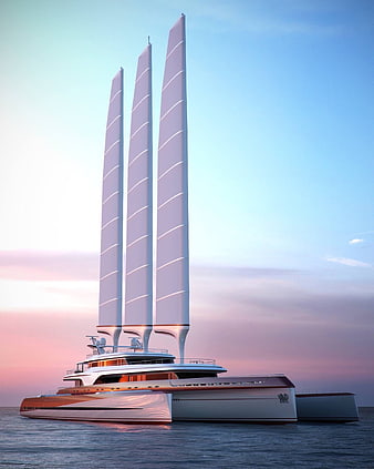 Futuristic white trimaran superyacht with three tall sails on calm ocean at sunset
