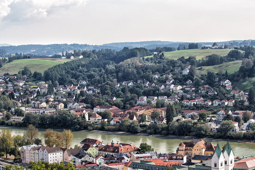Panoramic view of Passau city and Inn River in Bavaria