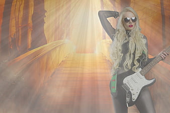 Blonde Woman With Electric Guitar On Misty Wooden Bridge