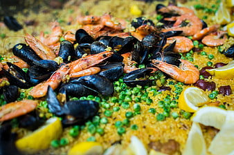 Close-up of Spanish seafood paella with shrimp and mussels