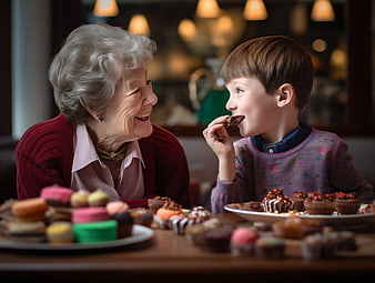 Grandmother and grandson sharing cupcakes in a cozy cafe