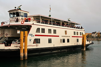White car ferry docked at Friedrichshafen harbor on Lake Constance