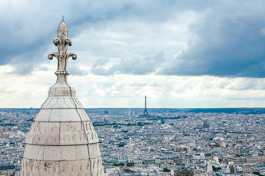 Paris skyline with Eiffel Tower and stone finial