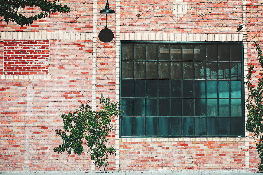 Vintage brick wall with large industrial window and green plants