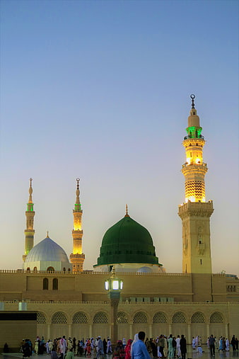 Prophet's Mosque Medina at Dusk with Green Dome and Minarets