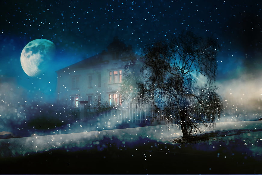 Mystical snowy night scene with moonlit house and bare tree