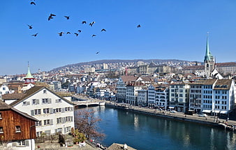 Aerial View of Zurich Old Town and Limmat River in Switzerland