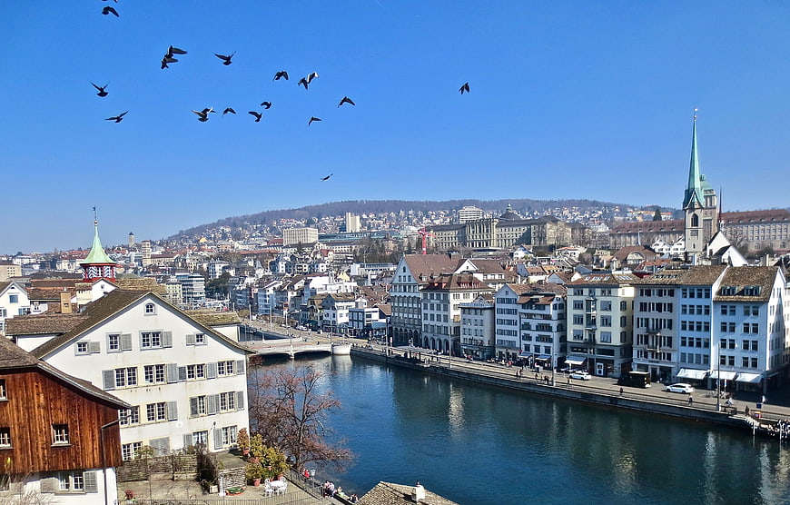 Aerial View of Zurich Old Town and Limmat River in Switzerland