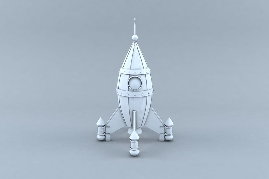 White 3D Retro Rocket Model On Gray Background