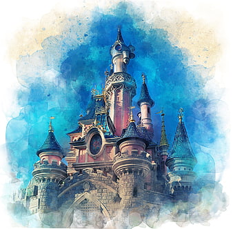 Watercolor Fantasy Castle Illustration with Blue and Pink Hues