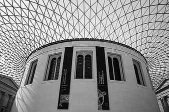 Black and white architectural view of the British Museum Great Court dome