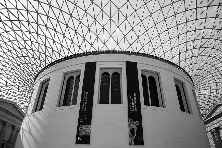 Black and white architectural view of the British Museum Great Court dome