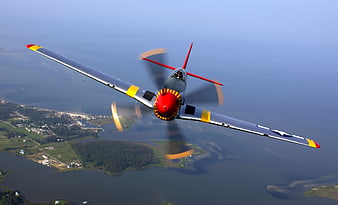 Vintage P-51 Mustang Propeller Plane Flying Over Coastline