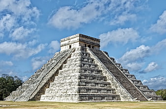 El Castillo Pyramid at Chichen Itza, Mexico, Under Blue Sky